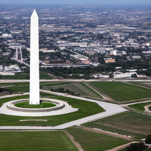 Prompt: photo of the washington monument from the air, visible watermark