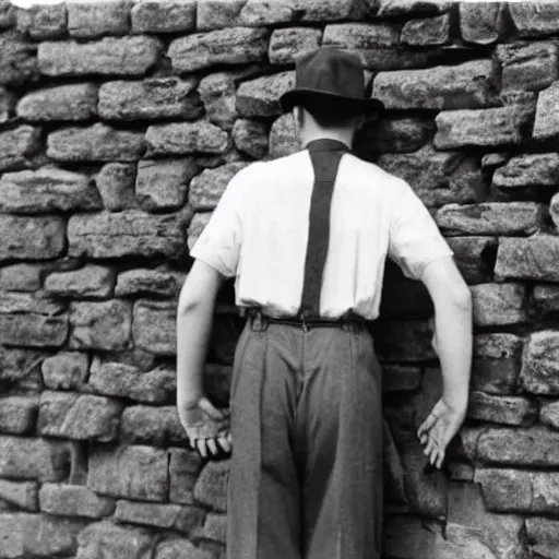 Image similar to A terrified young man in 1930s attire cornered with his back against a stone wall
