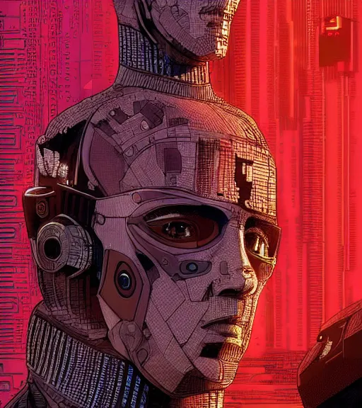 Image similar to a cyberpunk man with multiple digital patchwork faces, techwear, Industrial Scifi, detailed illustration, character portrait, by Martin Grip and Moebius