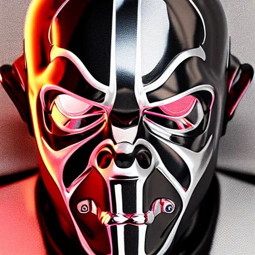 Image similar to chrome darth maul, glossy, metallic, neon, symmetrical, tribal patterns, realistic, unreal engine, octane, redshift, artstation, behance