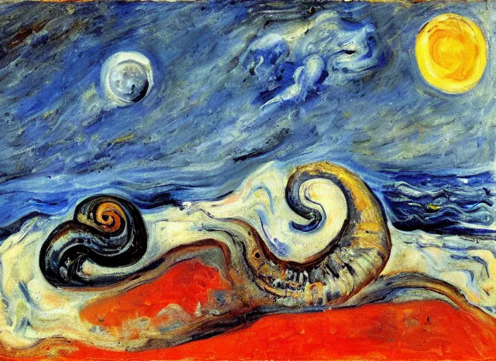 Image similar to a snail on the beach under the moon, by chaim soutine