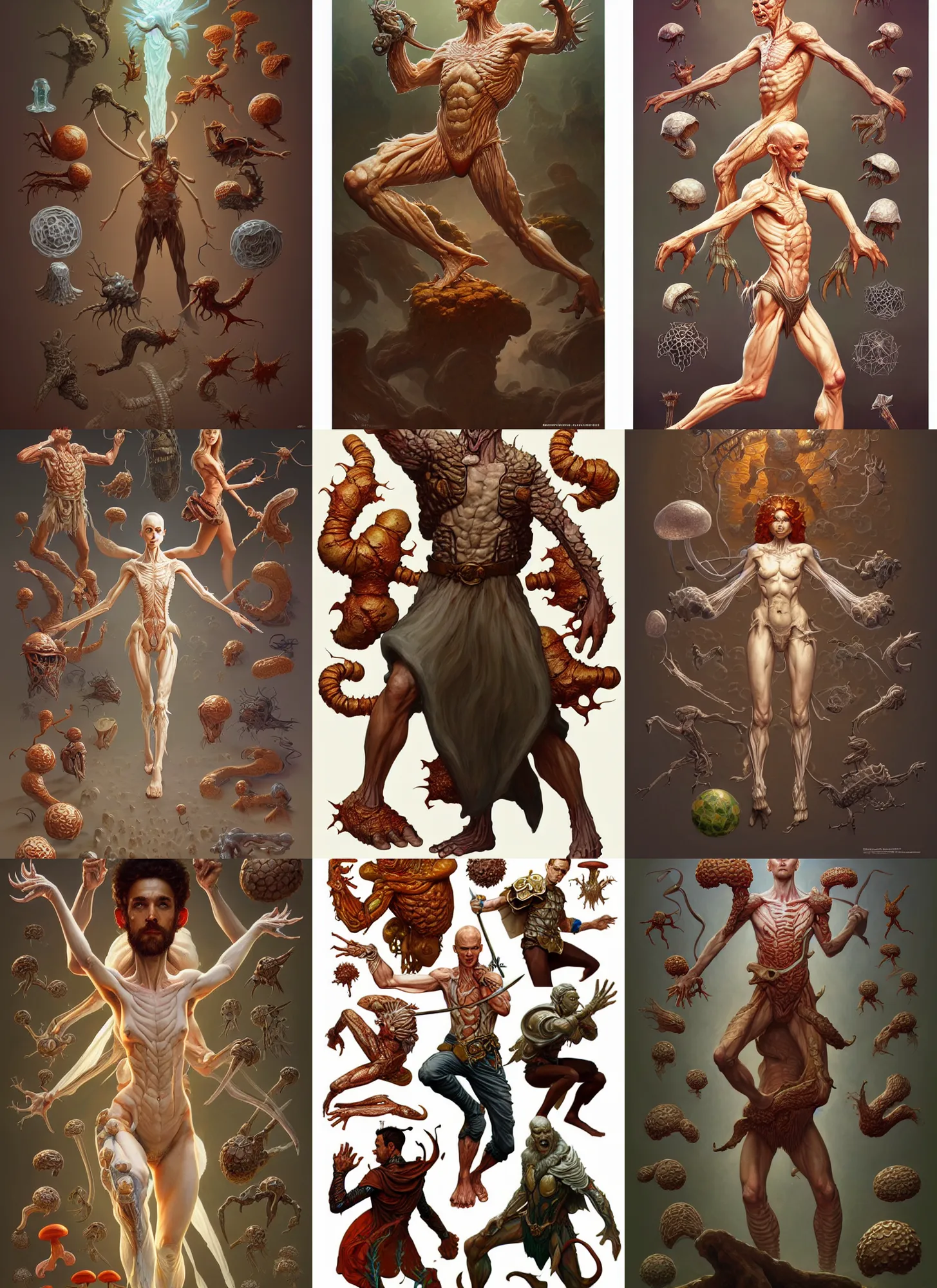 Image similar to full - body d & d mtg fungus anatomy on white background, action pose, intricate, highly detailed, digital painting, artstation, concept art, smooth, sharp focus, illustration, art by norman rockwell emiliano ponzi andrey remnev yoann lossel aaron jasinski, 8 k