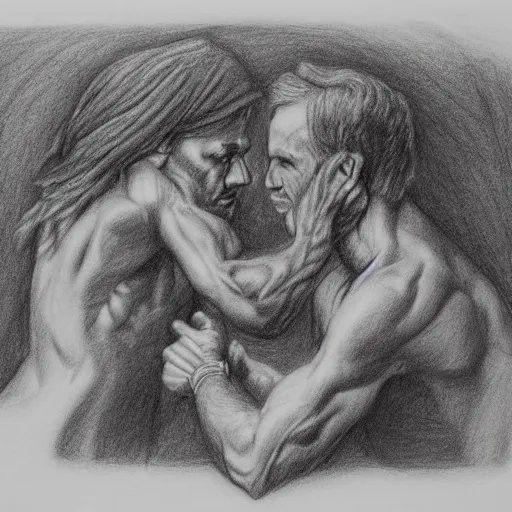 Image similar to god and the devil arm wrestling to see who wins the souls, pencil sketch