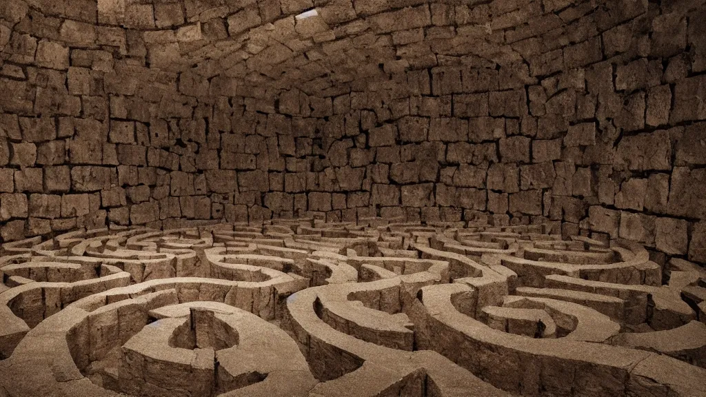 Prompt: The inside of a labyrinth, surrounded by walls made out of a dark brown stone, foggy atmosphere