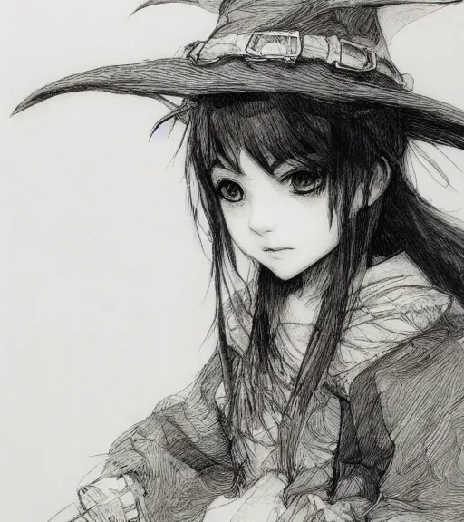 Image similar to portrait of little anime girl wearing witch hat, pen and ink, intricate line drawings, by craig mullins, ruan jia, kentaro miura, greg rutkowski, loundraw