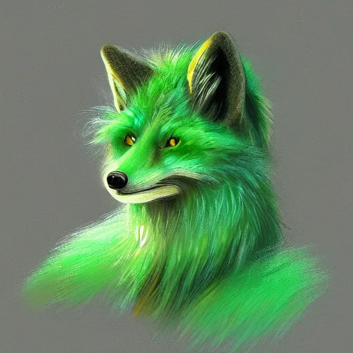 Prompt: green furry fox, digital art, fantasy, detailed