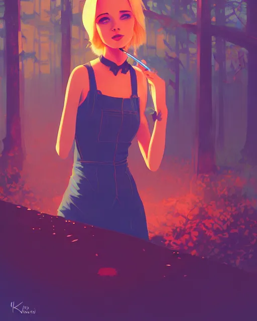 Image similar to digital illustration of pretty girl with short blonde hair hair, from alice in wonderland, smoking, in a wonderland forest, in junkyard at night, by ilya kuvshinov, lois van baarle, rossdraws, basquiat