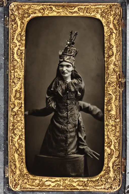 Image similar to a wet plate photo of an anthropomorphic snake wearing a tiny jester crown