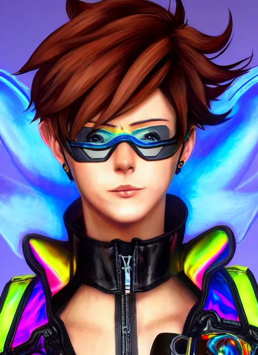Image similar to portrait bust digital artwork of tracer overwatch, wearing iridescent rainbow latex and leather straps catsuit outfit, in style of mark arian, angel wings, dramatic painting, wearing detailed leather collar, chains, black leather harness, detailed face and eyes,