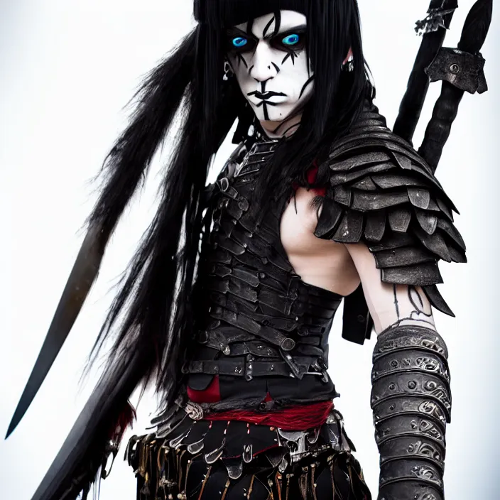 Image similar to professional full length photograph of a beautiful emo warrior. Extremely detailed. 8k