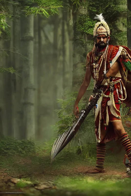 Prompt: Photo of an Indian warrior in a forest, photorealistic, hyper detailed, octane render, 4k