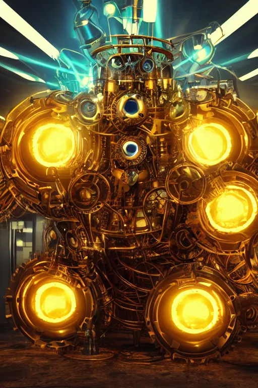 Image similar to portrait photo of a broken giant huge golden and blue metal broken steampunk robot with big gears and tubes all over the floor, eyes are glowing red lightbulbs, shiny crisp finish, 3 d render, 8 k, insaneley detailed, fluorescent colors, background is multicolored lasershow