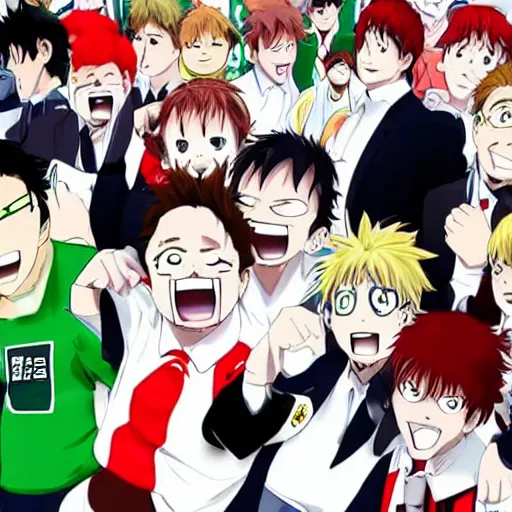 Image similar to drunk English football fans in a 2012 JUMP anime