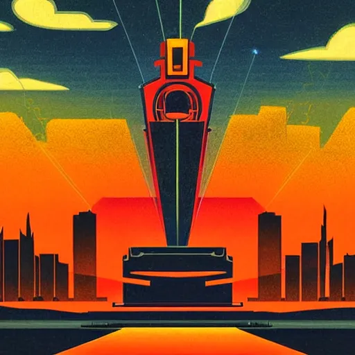 Image similar to an art deco painting of giant robots shooting laser beams from their eyes, above a city on fire, textured, by tom whalen, behance contest winner, retrofuturism, poster art, reimagined by industrial light & magic