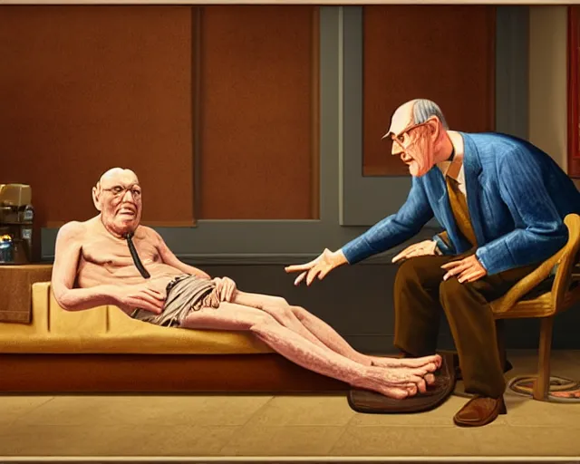 Prompt: the famous snake oil salesman Uncle Aloysius curing a patient of financial ruin with the power of snake oil, painting by Grant Wood, 3D rendering by Beeple, sketch by R. Crumb