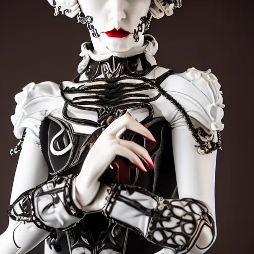 Prompt: gothic cyborg victorian bizzare porcelain woman with artnouveau garment and ornaments sharp focus 8 k