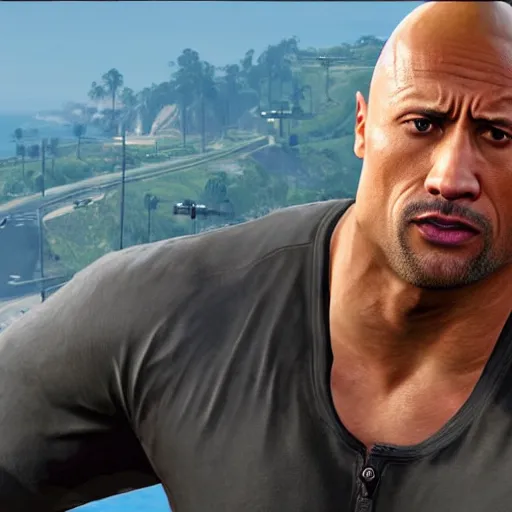 Prompt: Dwayne Johnson in GTA gameplay