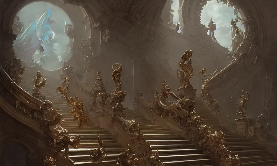 Image similar to straight staircase with ornate statues to heaven, art by greg rutkowski and peter mohrbacher, featured in artstation, octane render, cinematic, elegant, intricate, ultra detailed, rule of thirds, professional lighting, unreal engine, fantasy, concept art, sharp focus, illustration, 8 k