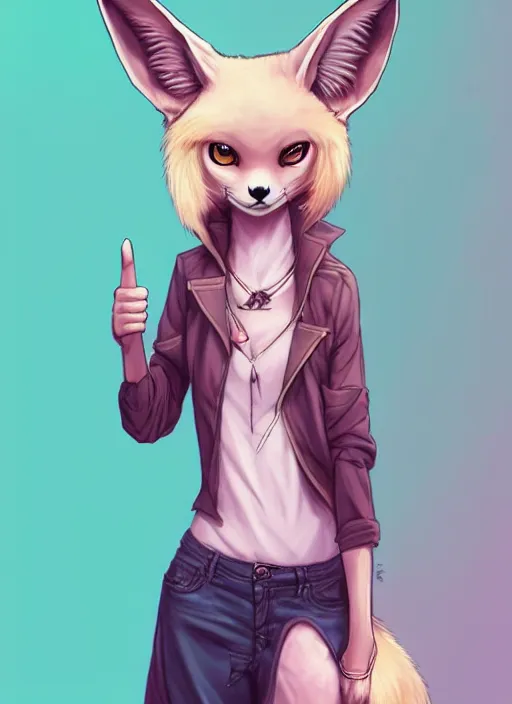 Prompt: beautiful portrait commission of a cute female pink furry anthro fennec fox fursona casual clothes giving a thumbs up. green hair. character design by charlie bowater, ross tran, artgerm, and makoto shinkai, detailed, inked, western comic book art