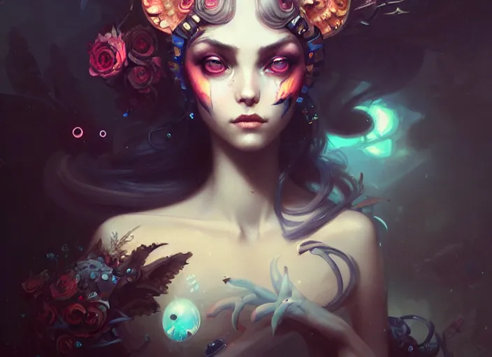 Prompt: close up picture of an maximalist dress girl, extremely beautiful and aesthetic and detailed cute face and eyes, with cute familiar sprites, chiaroscuro, intricate, masterpiece, fantasy illustrations by peter mohrbacher and anato finnstark and jeremy lipking