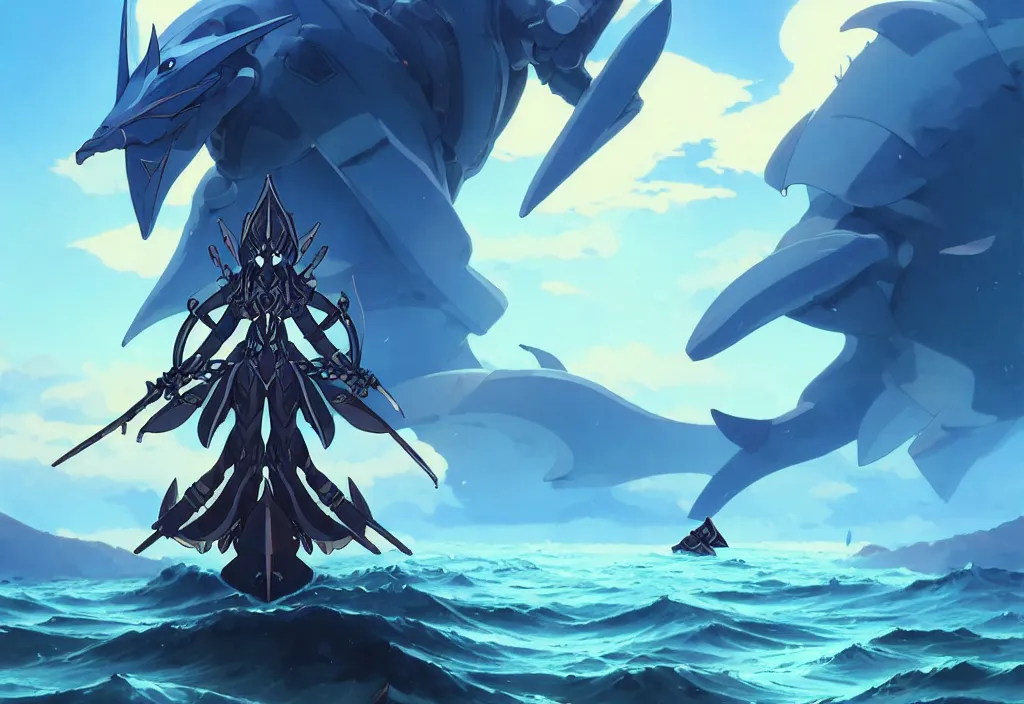 Image similar to close up of a extremely beautiful and aesthetic mech armor witch holding a symmetrical trident, highly detailed face, attractive symmetrical eyes, back shark fin, big wave horizon, dynamic model pose, slightly smiling, blue sky, big blade whale and black giants mech minotaurus, epic scene, fantasy illustrations, by makoto shinkai and peter mohrbacher and ferdinand knab