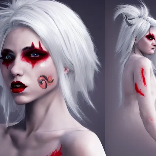 Image similar to a highly detailed beautiful portrait of a humanoid demon girl with white hair, red horns, in white clothes, artstation, deviantart, professional, unreal engine 5, photorealistic