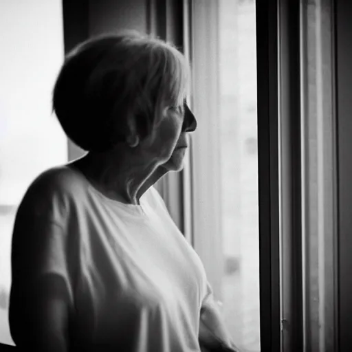 Image similar to black and white photograph portrait of a depressed mature woman standing by the window, natural light, lomo, film grain, soft vignette, sigma 85mm f/1.4 1/10 sec shutter