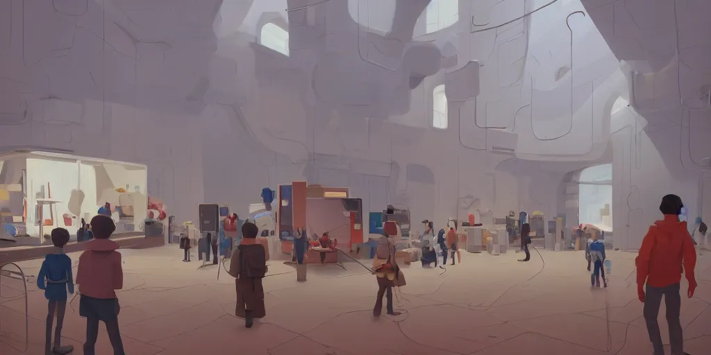 Image similar to inside an art museum by Goro Fujita and Simon Stalenhag , 8k, trending on artstation, hyper detailed, cinematic