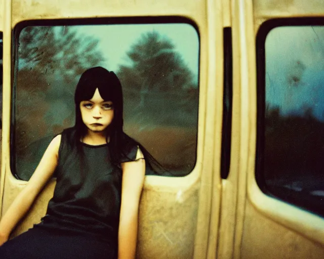 Image similar to lomo photo of shy goth girl sitting in empty bus, sunset, cinestill, bokeh