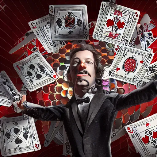 Prompt: magician standing in a whirlwind of playing cards, highly detailed, 3 d render,