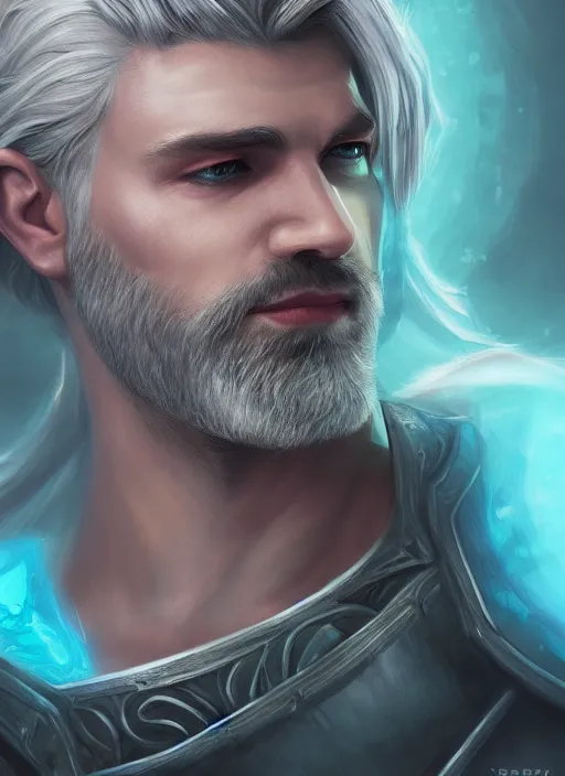 Image similar to an epic fantastic realism style portrait painting of an aasimar paladin, male, silver hair, short brown beard, d & d concept art, unreal 5, daz, teal aesthetic, octane render, centered in frame, cosplay, rpg portrait, dynamic lighting