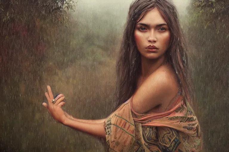 Image similar to a cinematic portrait painting of a beautiful girl wrapped in tribal clothing stood on a hill overlooking a vast serene landscape with a river, rainy day, beautiful lighting, depth, accurate details, by marco mazzoni