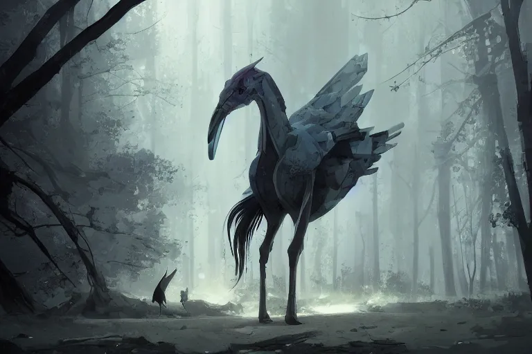 Image similar to cyborg horse merged with shoebill, digital art made by makoto shinkai, lois van baarle, greg rutkowski and jakub rebelka, highly detailed, symmetrical, extremely coherent, smooth, shaped focus, dystopian gray forest background, skull