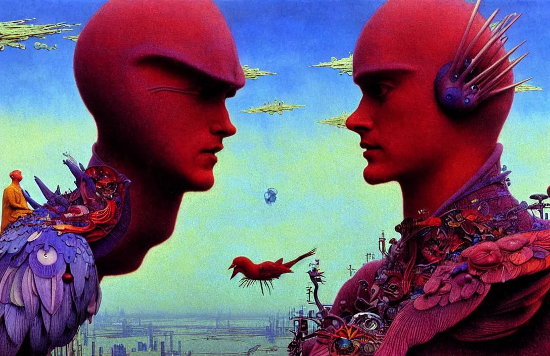 Image similar to realistic detailed portrait movie shot of a birdman wearing violet leather coat, sci fi city landscape background by denis villeneuve, amano, yves tanguy, alphonse mucha, ernst haeckel, max ernst, roger dean, masterpiece, rich moody colours, blue eyes