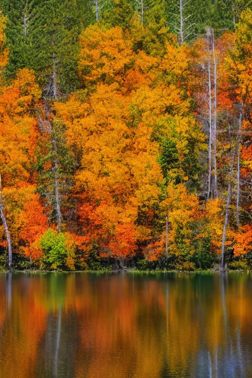 Prompt: realistic hq photograph a beautiful lake, tall trees surrounding the lake of maple and poplar trees, in the autumn, red orange and yellow leaves, trees reflecting on the lake