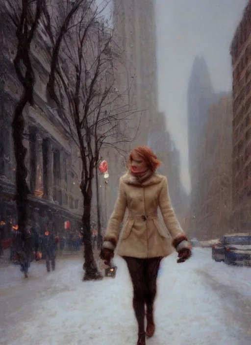 Image similar to emma stone in beige coat, portrait, walking in winter new york, snow, artwork by gaston bussiere, craig mullins, trending on artstation