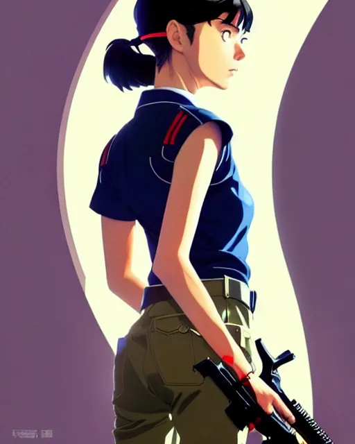 Prompt: girl wearing uniform, holding pistol at side, side view, looking down | | audrey plaza, fine detail!! anime!! realistic shaded lighting!! poster by ilya kuvshinov katsuhiro otomo ghost - in - the - shell, magali villeneuve, artgerm, jeremy lipkin and michael garmash and rob rey