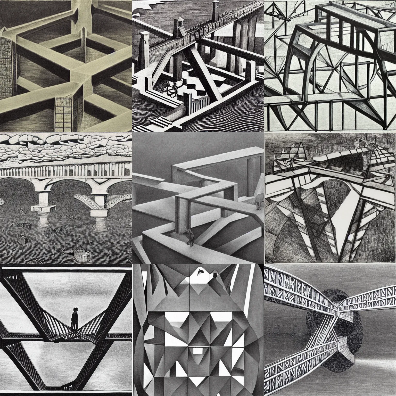 Prompt: impossible penrose bridge by M.C. Escher, painting