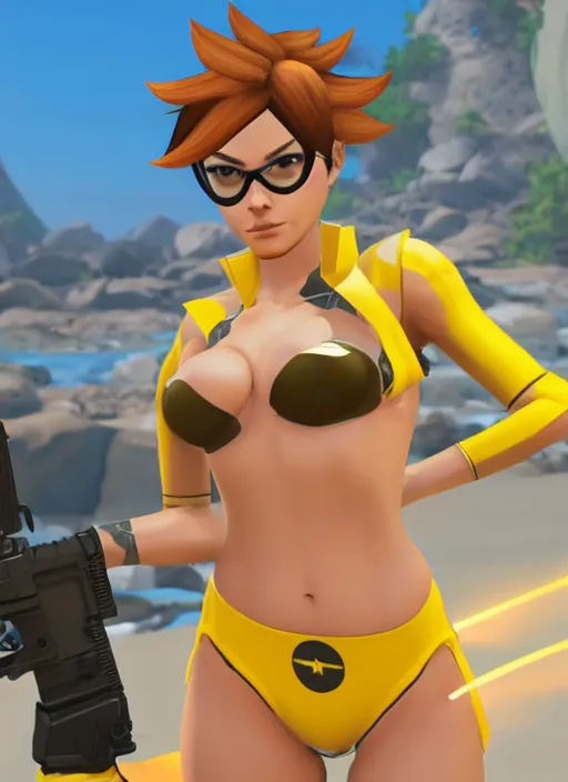 Image similar to tracer game character, in yellow bikini, blonde hair, black eyes, full height