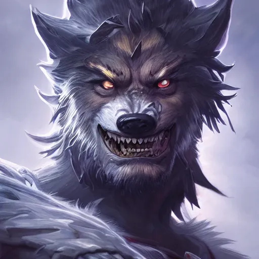 Image similar to portrait of werewolf of ashes and smoke, league of legends splash art, hearthstone splash art, full body shot, rule of thirds, ultrafine hyperrealistic detailed face, artgerm, greg rutkowski, trending on artstation, 8 k, intricately detailed, highly detailed