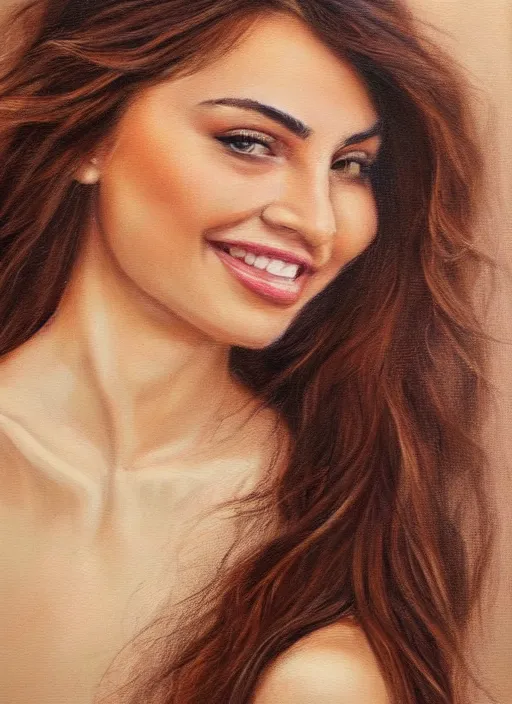 Prompt: beautiful portrait face centre oil on canvas of brunette with wavy hair, big mouth, smiling, Ebru Şahin, Reyyan, looks like Sabrina Ouazani , intricate, elegant, highly detailed, artstation, concept art, sharp focus, art by Alina Ivanchenko, Rob Ross, WLUP, artgerm