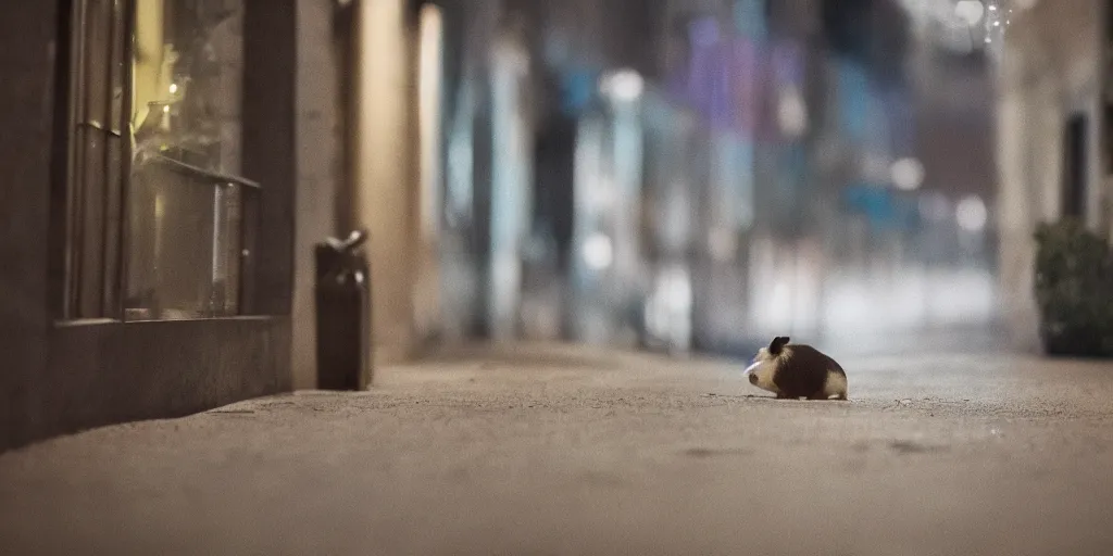 Prompt: a guinea pig sits looking out the window at night, watching cars go by on a road in Paris, 4k photorealism