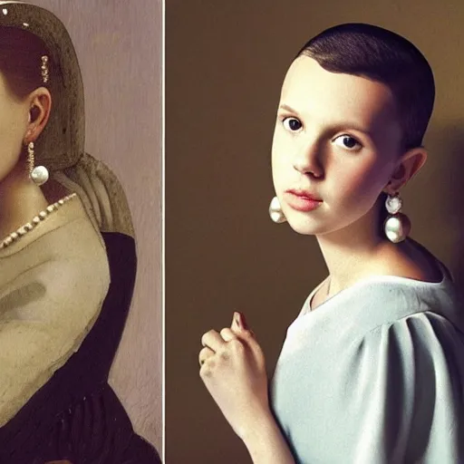 Prompt: Millie Bobby Brown with the pearl earrings by Johannes Vermeer
