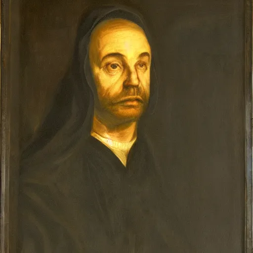 Image similar to a portrait of a man wearing black hood and robes, shadows covering face, ominous, dark, oil painting