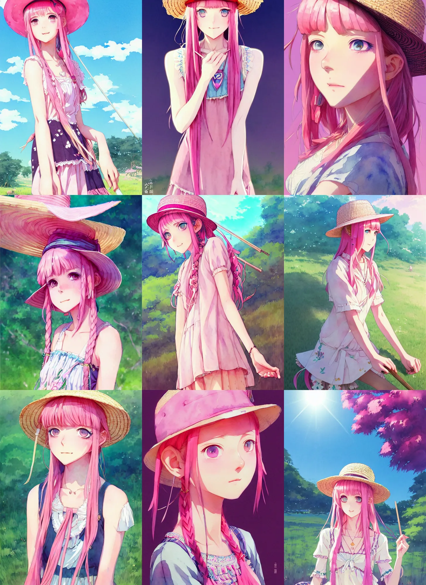 Prompt: portrait of a cute girl with pink hair with straw hat dress in boho style camping, symmetry face, top lighting, cute - fine - face, ( watercolor ), light novel cover art, art by hidari and krenz cushart and wenjun lin and starember and kuvshinov ilya and kidmo and rossdraws