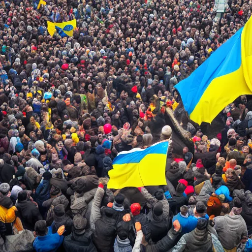 Image similar to a crowd of people with ukrainian flags throw down a statue of vladimir lenin, leica sl 2 5 0 mm, vivid color, high quality, high textured, real life