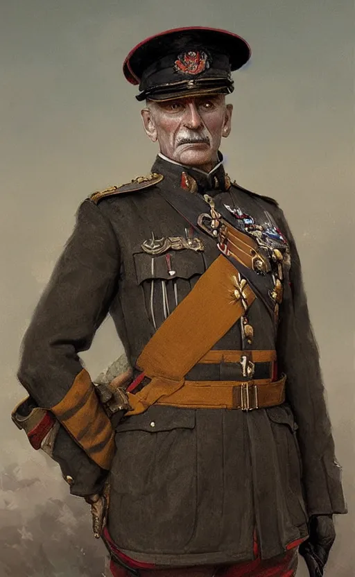 Image similar to portrait of a wwi british general wearing ceremonial uniform, male, detailed face, 2 0 th century, highly detailed, cinematic lighting, digital art painting by greg rutkowski