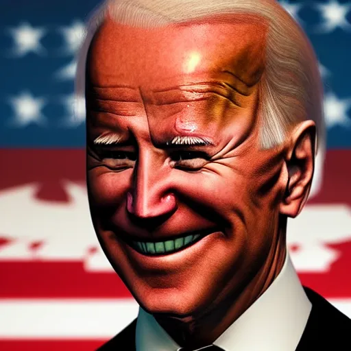 Image similar to joe biden smiling with blood in his face while behind him the world is burning, dramatic lighting, cinematic, establishing shot, extremly high detail, photorealistic, cinematic lighting, artstation, style by James Gurney