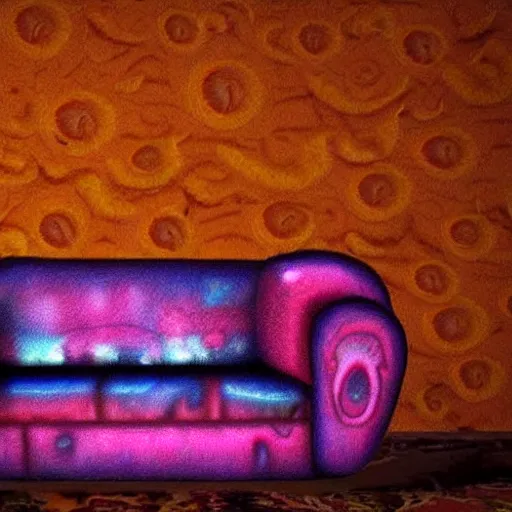 Image similar to couch sofa chesterfield flying through space psychedelic trippy eldritch horror cartoon