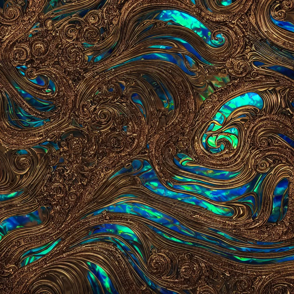 Prompt: art nouveau cresting oil slick waves, hyperdetailed bubbles in a shiny iridescent oil slick wave, black opals, ornate copper patina medieval ornament, rococo, organic rippling spirals, octane render, 8 k 3 d